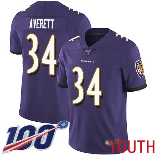 Baltimore Ravens Limited Purple Youth Anthony Averett Home Jersey NFL Football #34 100th Season Vapor Untouchable